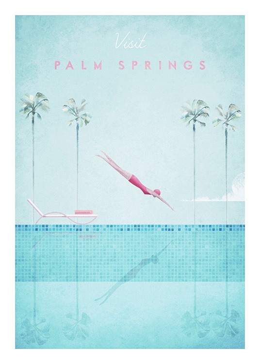 Illustrated poster of a pool surrounded by palm trees