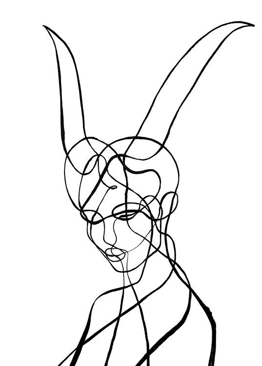  – Illustration in line art inspired by the sign of Capricorn, of a woman with horns
