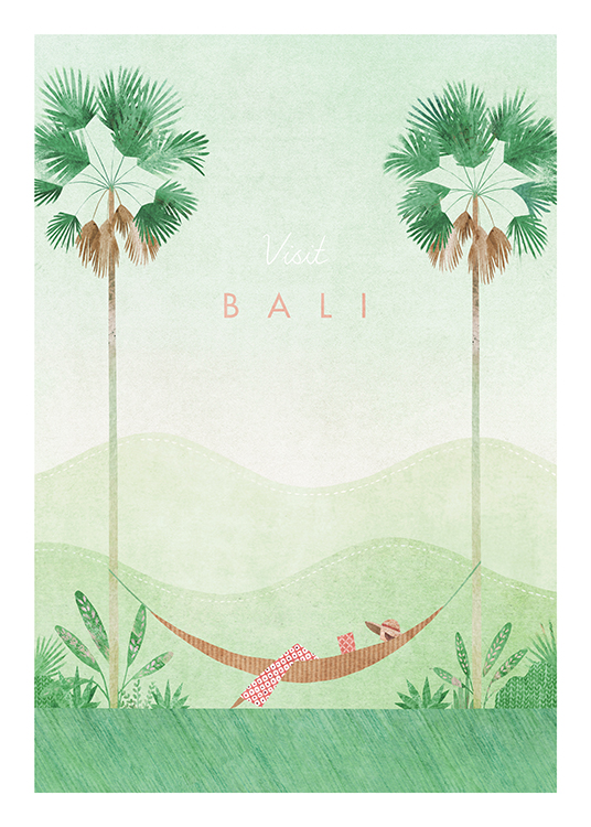  – Illustration of a green landscape with palm trees and a hammock in between them