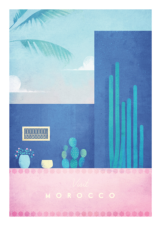  – Illustration of a pink and blue building with plants and cacti