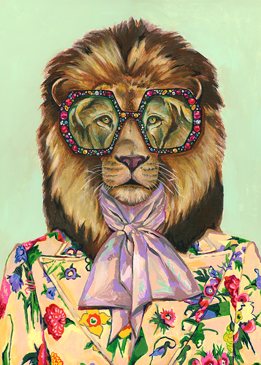 – Poster of a lion in fashionable clothes on a green background 
