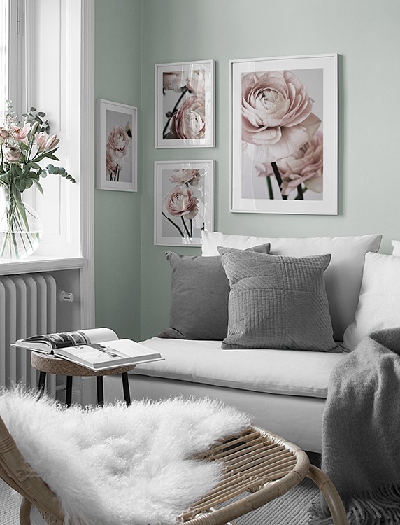 Beautiful gallery wall with pale pink floral design