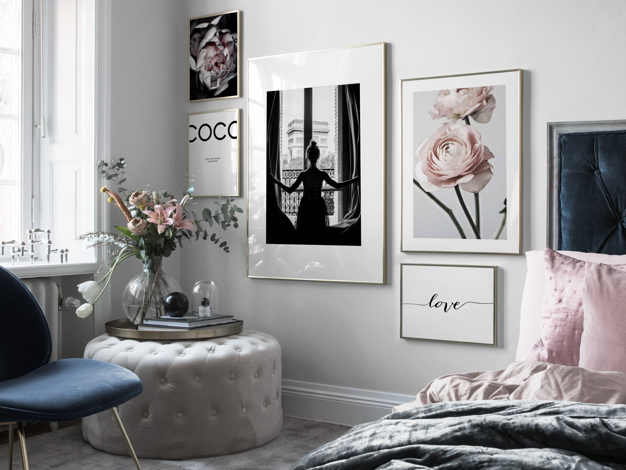 Feminine romantic bedroom with calm colours and soft materials