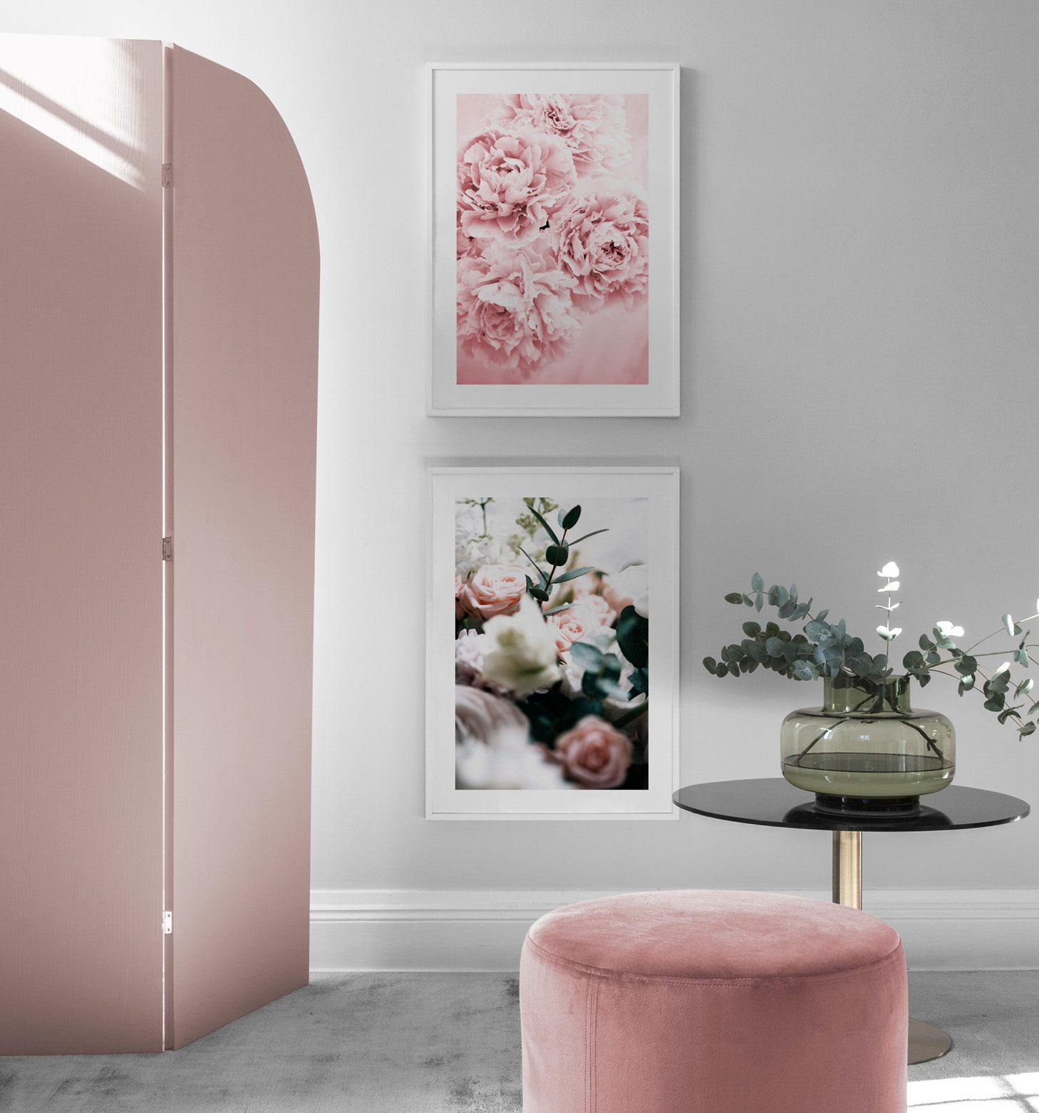 Feminine interior with flower posters and white picture frames