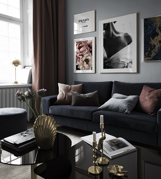 Blue velvet sofa living room