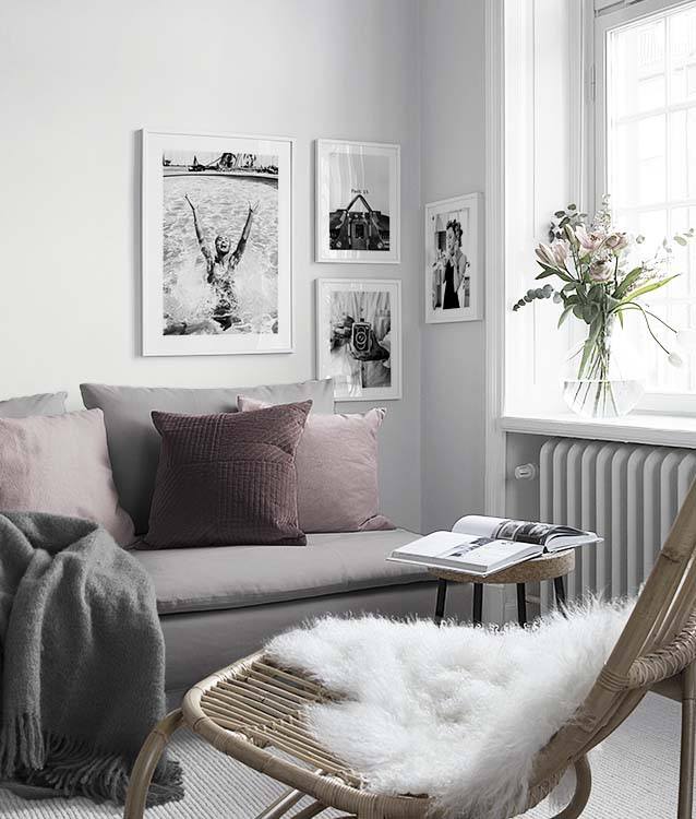 Black-and-white photo art living room