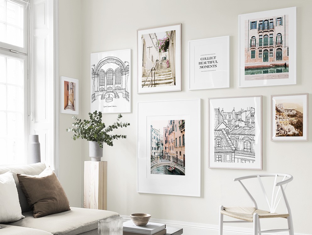 Gallery wall with travel designs