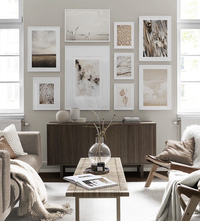Nature designs and photo art in beige living room