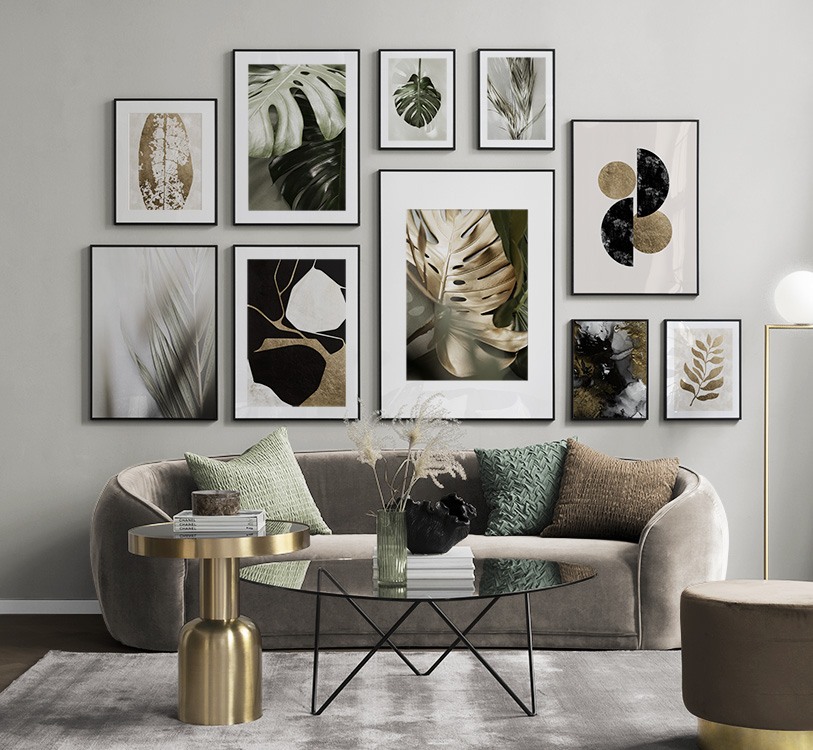Botanical posters with patterns in gold and green