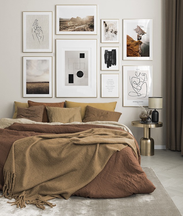 Photo art and illustrations in brown bedroom