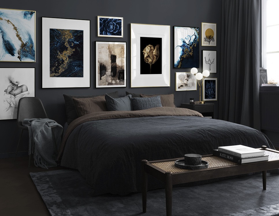 Dark-blue and golden photo art in bedroom